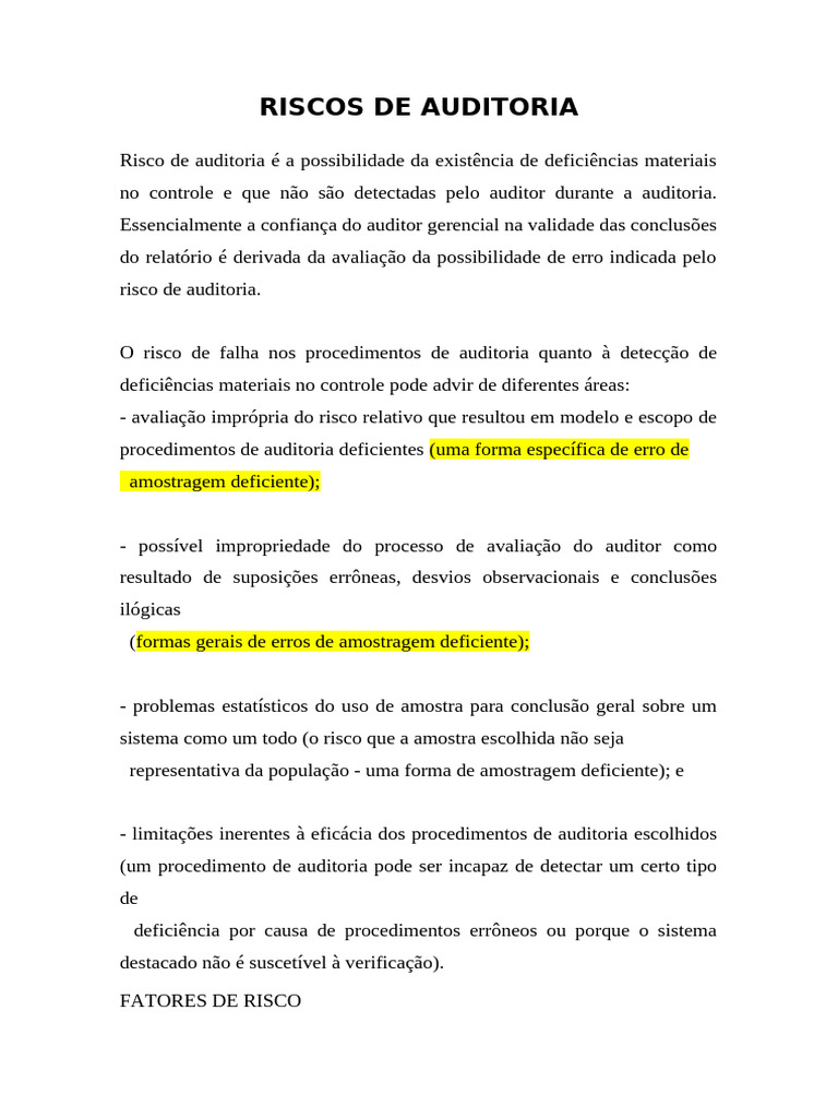 Riscos de Auditoria: Identificação e Fatores | PDF | Avaliação de risco ...