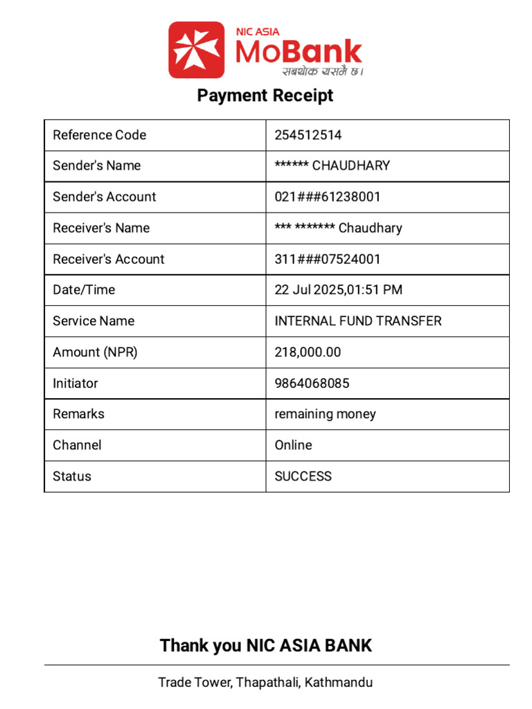 Successful Internal Fund Transfer Receipt | PDF