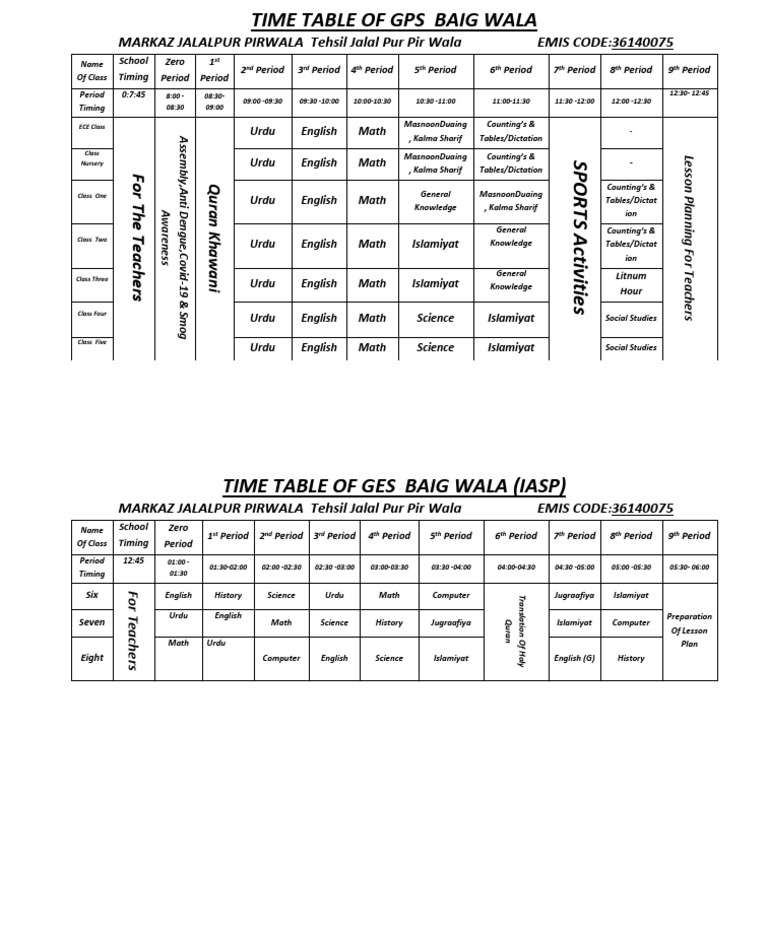 Time Table of Gps Baig Wala First and Second | PDF | Military Operations