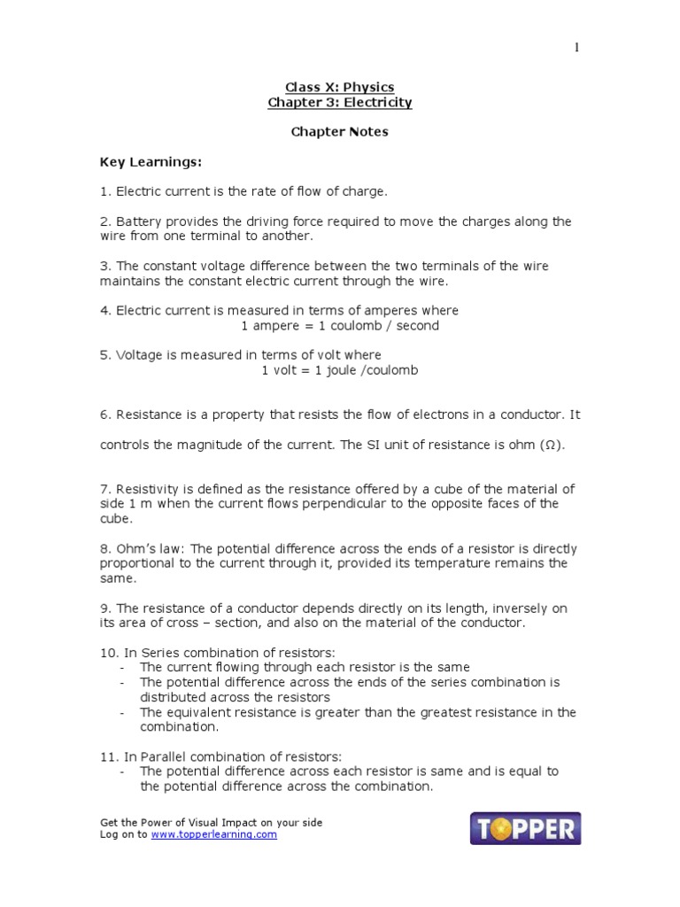 Class X: Physics Chapter 3: Electricity Chapter Notes Key Learnings ...