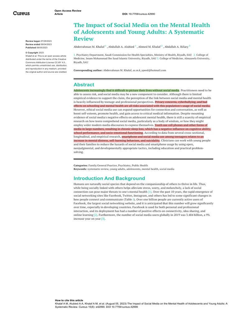 Khalaf, Et Al. 2023. The Impact of Social Media On The Mental Health of ...