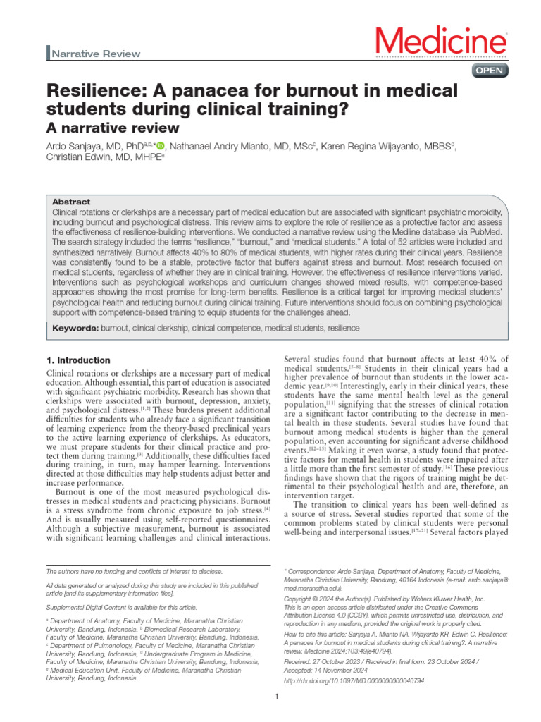 Resilience Against Burnout in Medical Students | PDF | Psychological ...