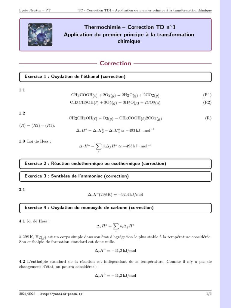 Correction TD1 : Thermochimie et Réactions | PDF | Réactions chimiques ...