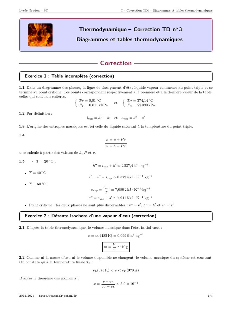 Correction TD3 : Tables thermodynamiques | PDF | Enthalpie de ...