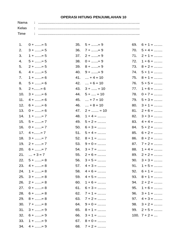 Operasi Hitung Penjumlahan 10 | PDF