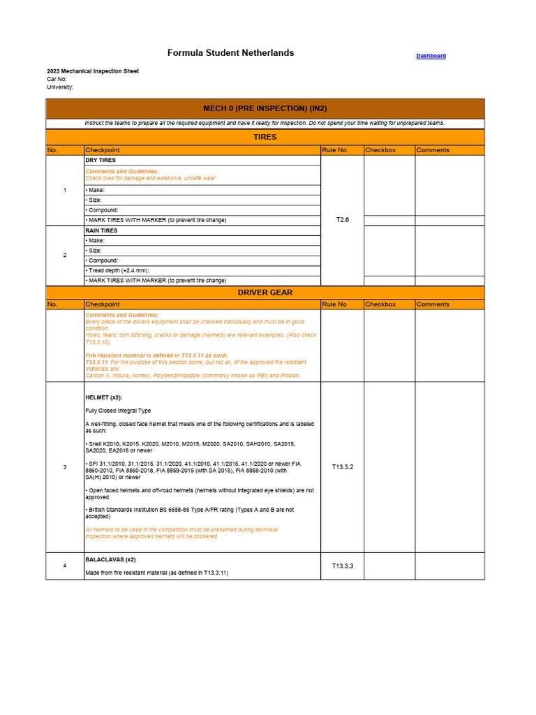 FSG Mechanical Inspection Checklist | PDF | Seat Belt | Screw