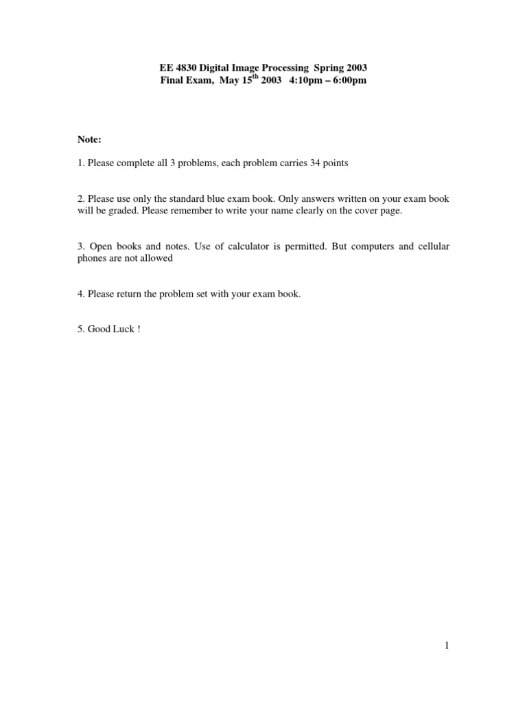 Digital Image Processing Exam 2003 | PDF | Teaching Methods & Materials ...