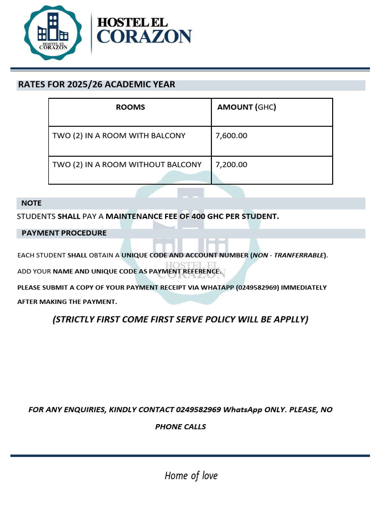 2025/26 Academic Year Room Rates | PDF