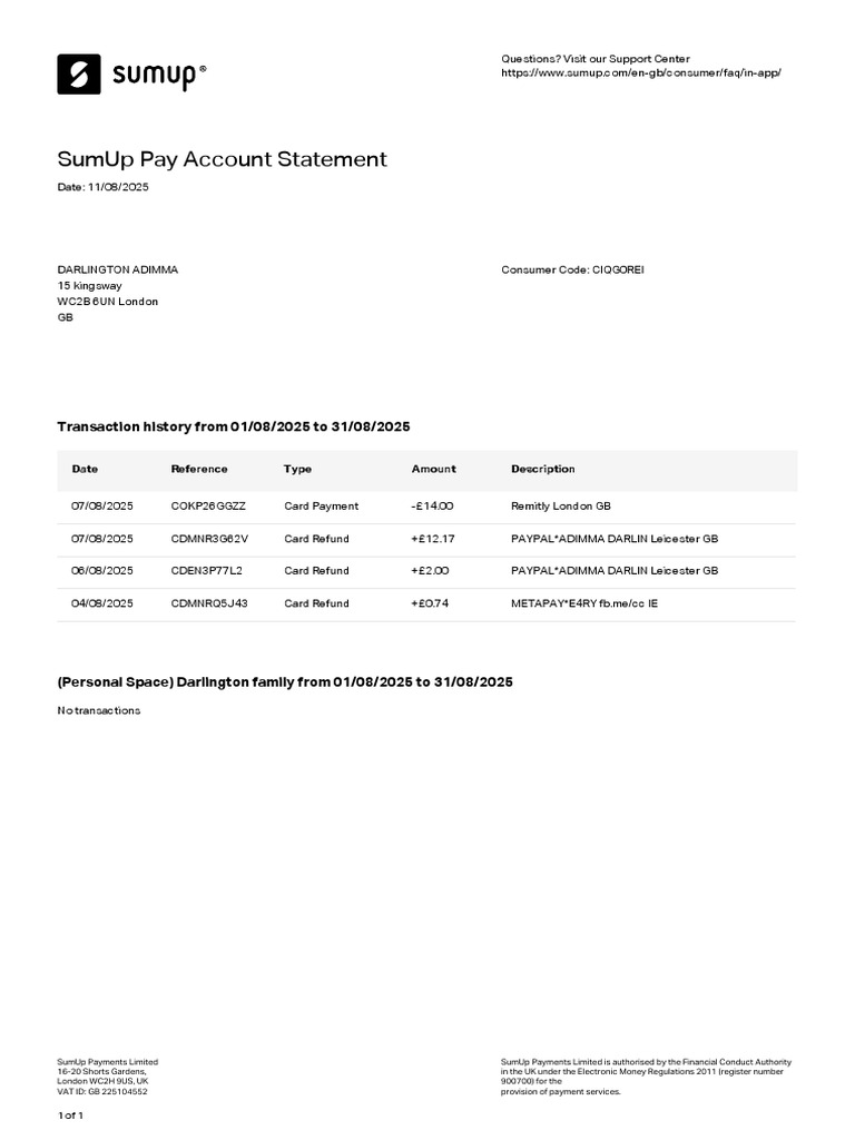 SumUp Pay Statement Aug 25 | PDF