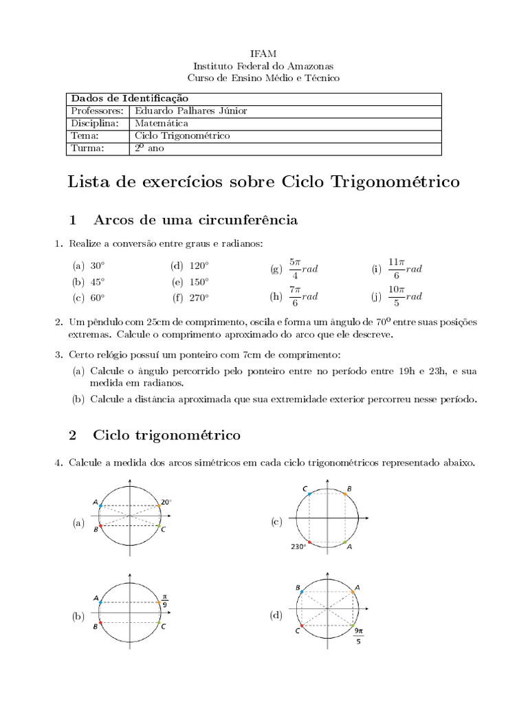 Exercícios de Ciclo Trigonométrico | PDF | Trigonometria | Geometria ...
