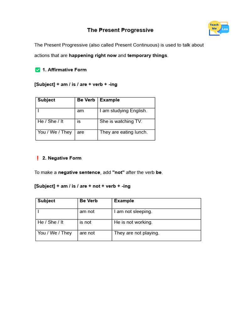 Present Progressive Grammar Guide | PDF | English Language | Syntax