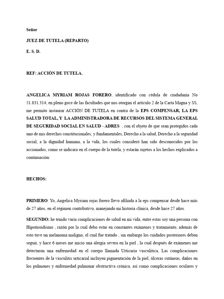 Tutela A Nombre Miryam Rojas Forero | PDF | Cuidado de la salud | Caso ...