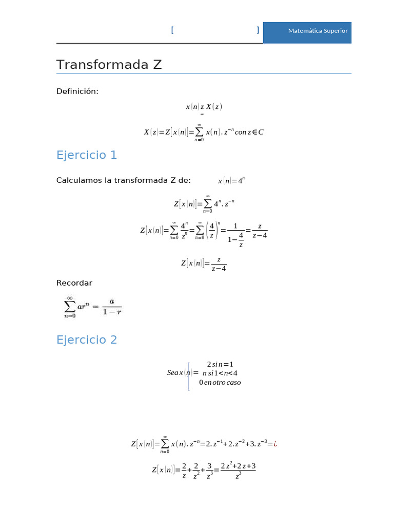 Transformada Z: Definiciones y Ejercicios | PDF | Objetos matemáticos ...