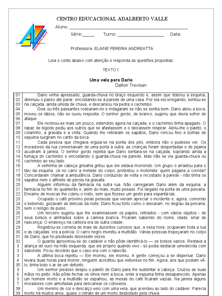 Texto Uma Vela Para Dario Com Gabarito Texto Exemplo