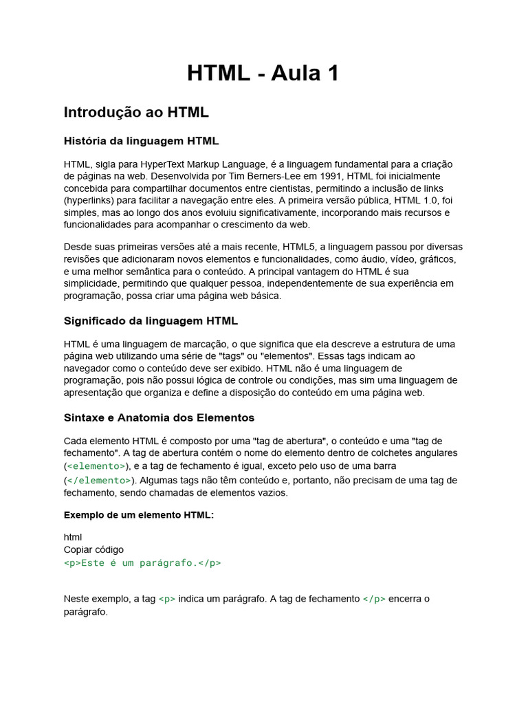 Introdução ao HTML: Aula 1 | PDF | Html | Elemento HTML