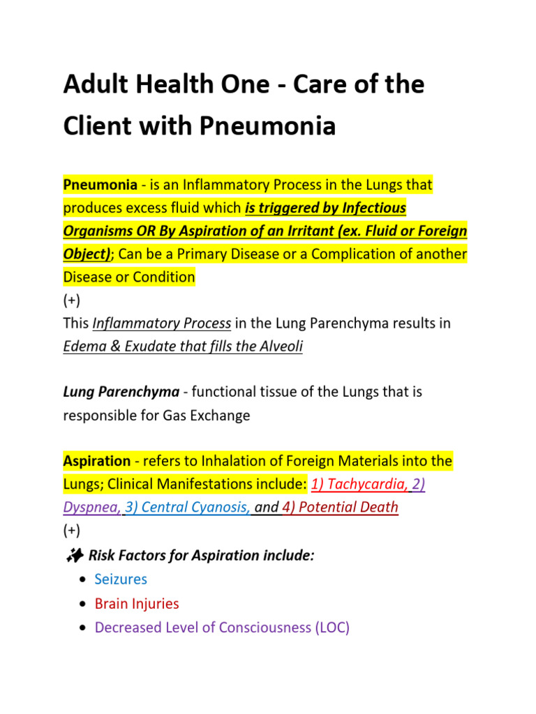 Adult Health One - Care of The Client With Pneumonia | PDF | Pneumonia ...