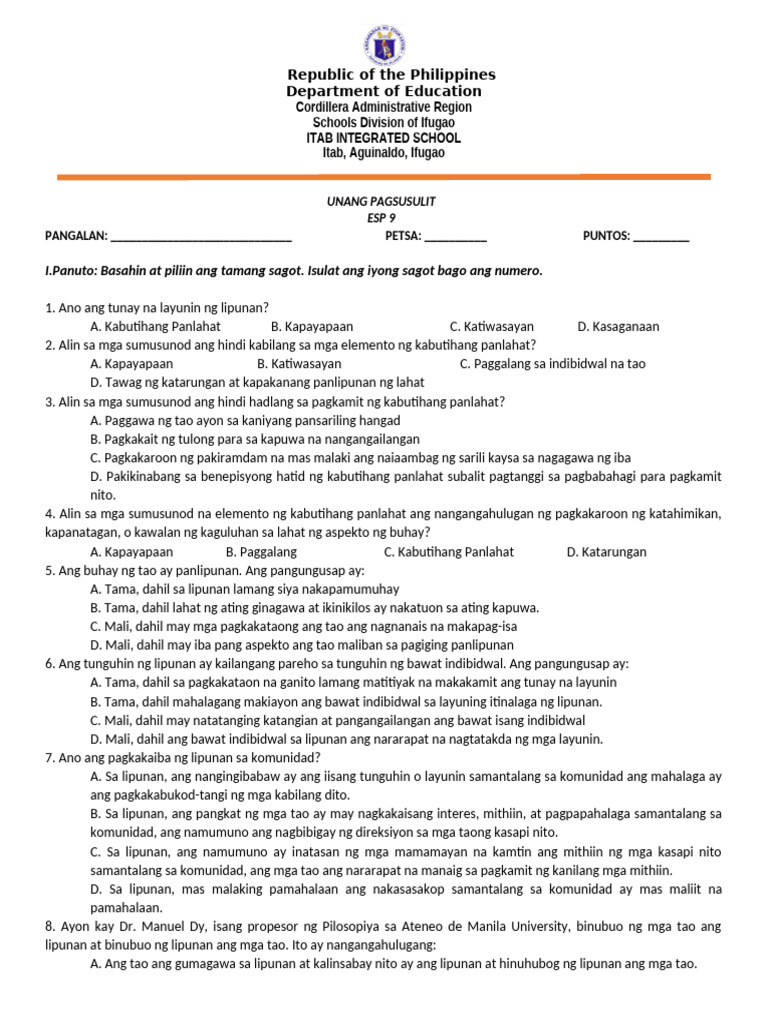 Esp 9 1ST Quarter-Exam | PDF