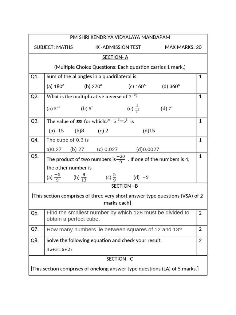 9th Admisssion Test | PDF | Elementary Mathematics