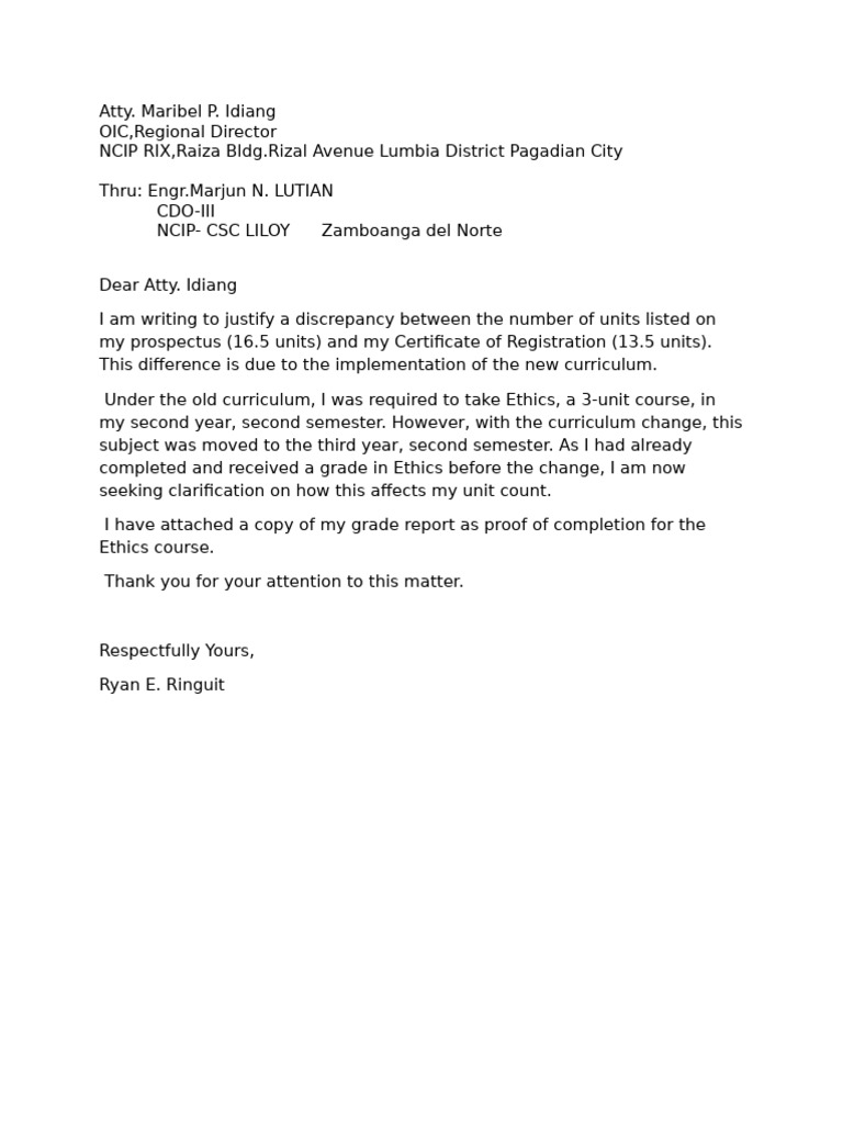 Unit Discrepancy Justification Letter | PDF