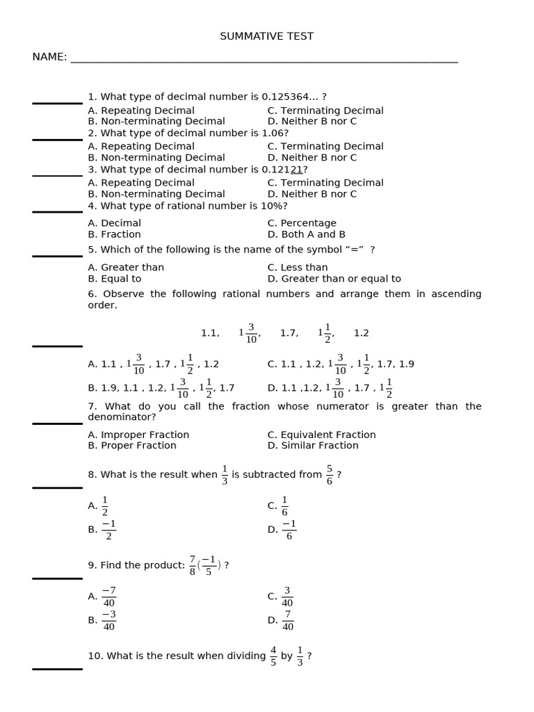 Types of Decimals and Rational Numbers Test | PDF | Elementary Geometry ...