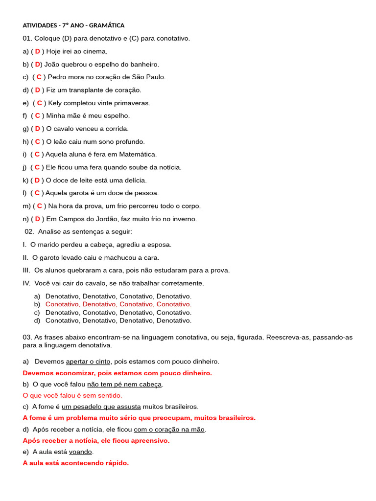 Atividades sobre Denotação e Conotação | PDF