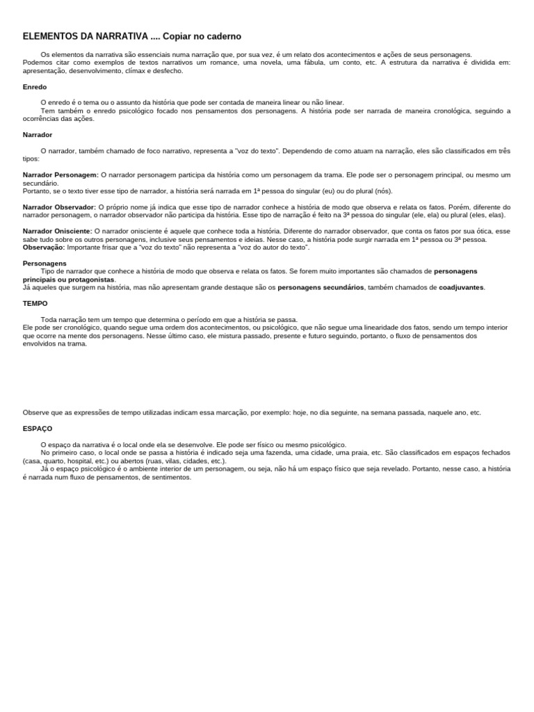 7º Ano Elementos Da Narrativa | PDF | Narrativa | Tempo