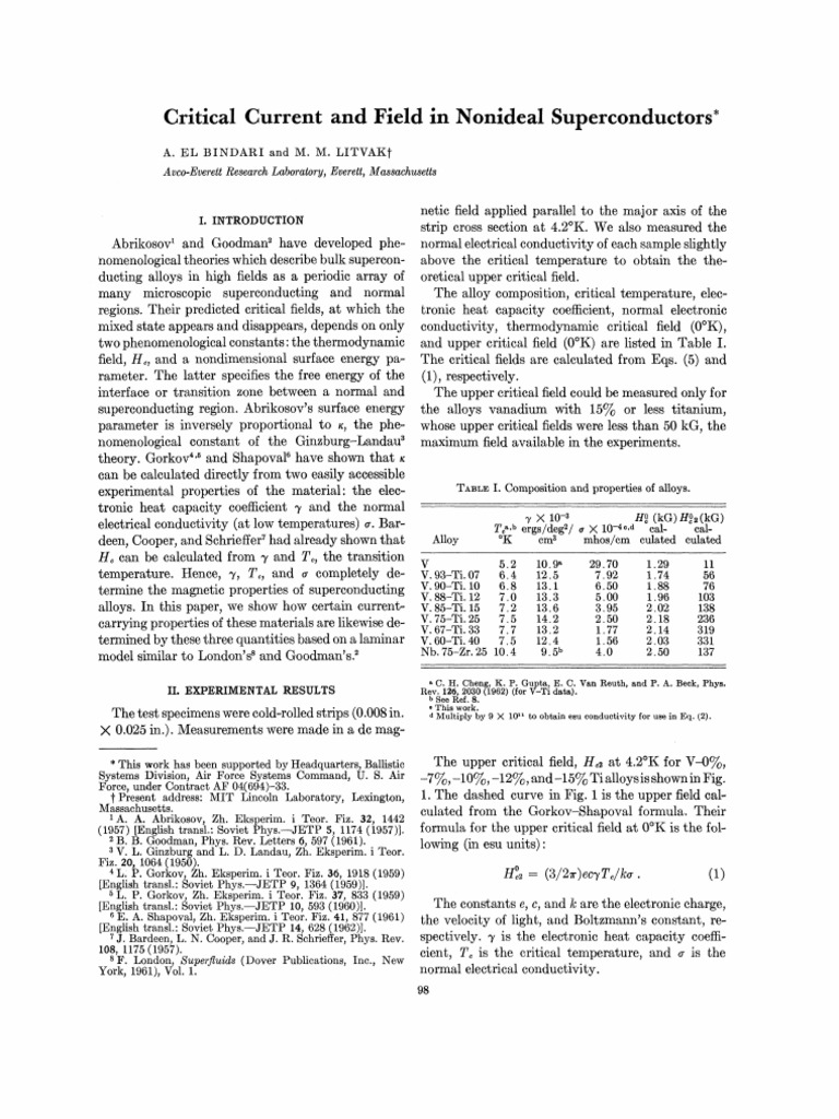 Critical Current and Field in Nonideal Superconductors | PDF ...