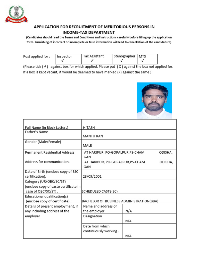 Sports Application Form - Income Tax Department | PDF
