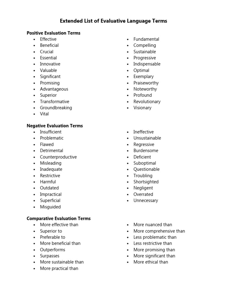 Comprehensive Evaluative Language List | PDF