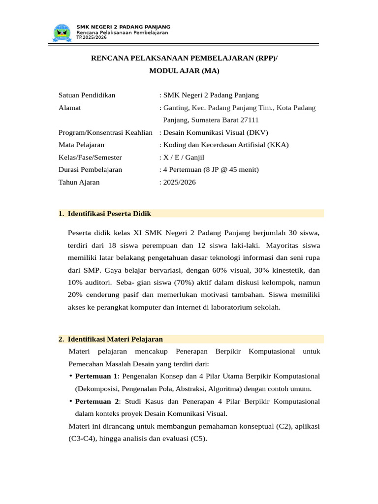 RPP Koding dan Kecerdasan Artifisial DKV | PDF