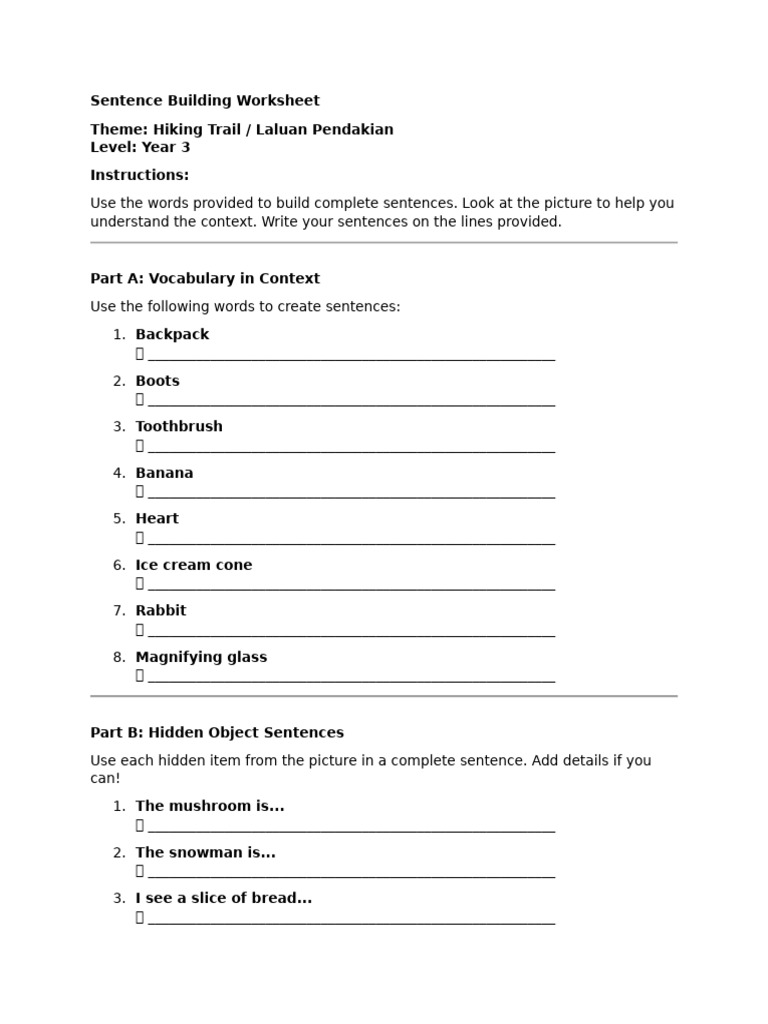 Sentence Building for Hiking Theme | PDF