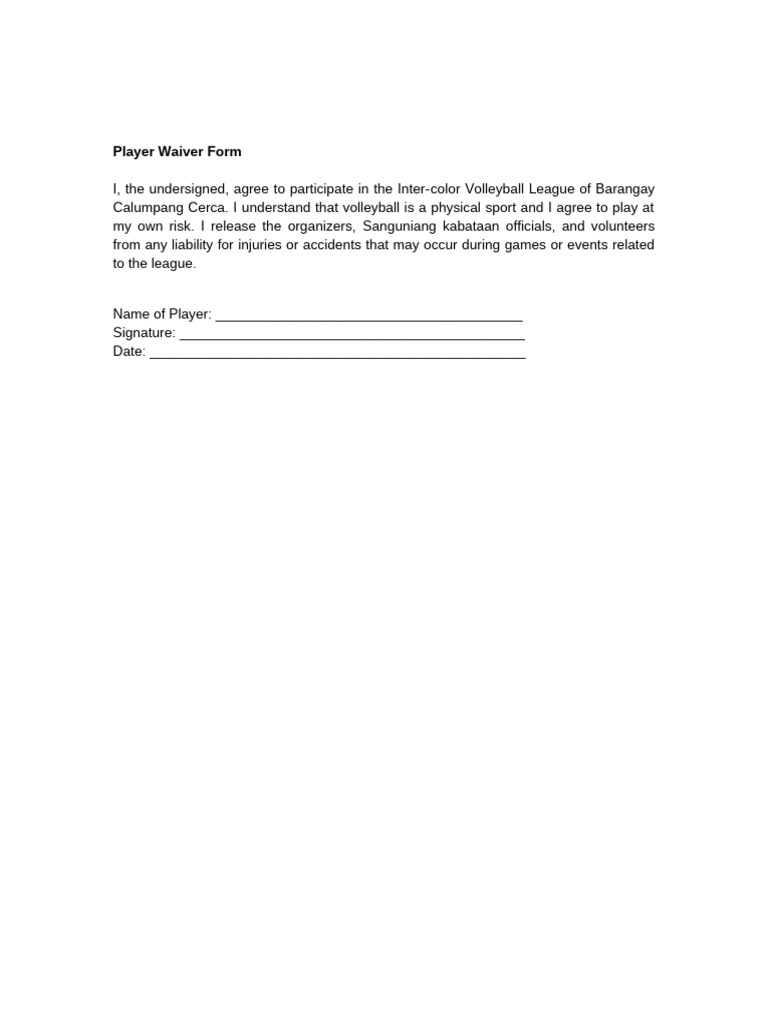 Volleyball Player Waiver Form | PDF