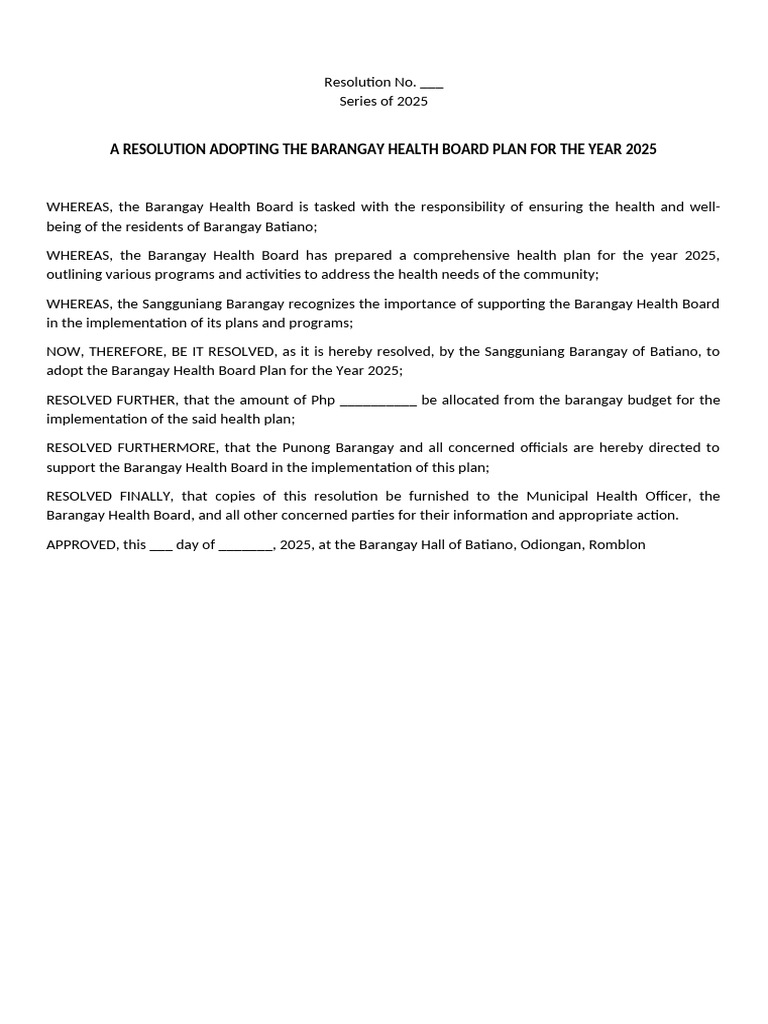 Barangay Health Board Plan 2025 Adoption | PDF