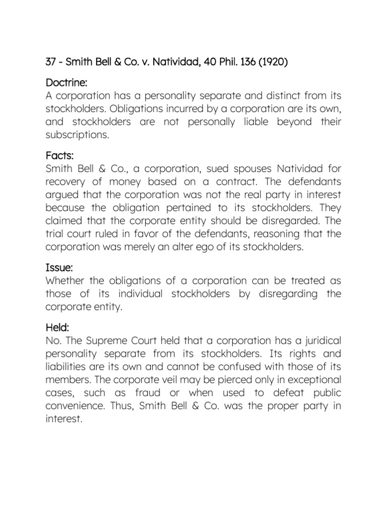 37 - Smith Bell & Co. v. Natividad, 40 Phil. 136 (1920) | PDF