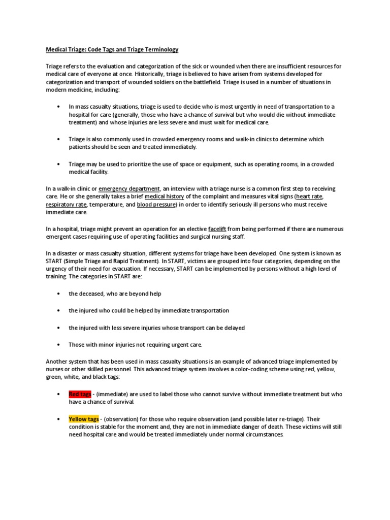 Triage Codes and Medical Tagging Explained | PDF | Emergency Department ...