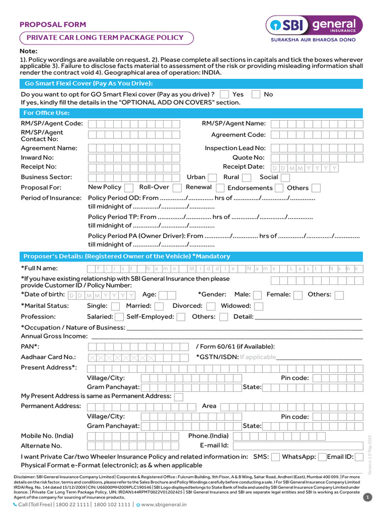 SBI General Arogya Advance Proposal Form | PDF | Insurance | Credit Card