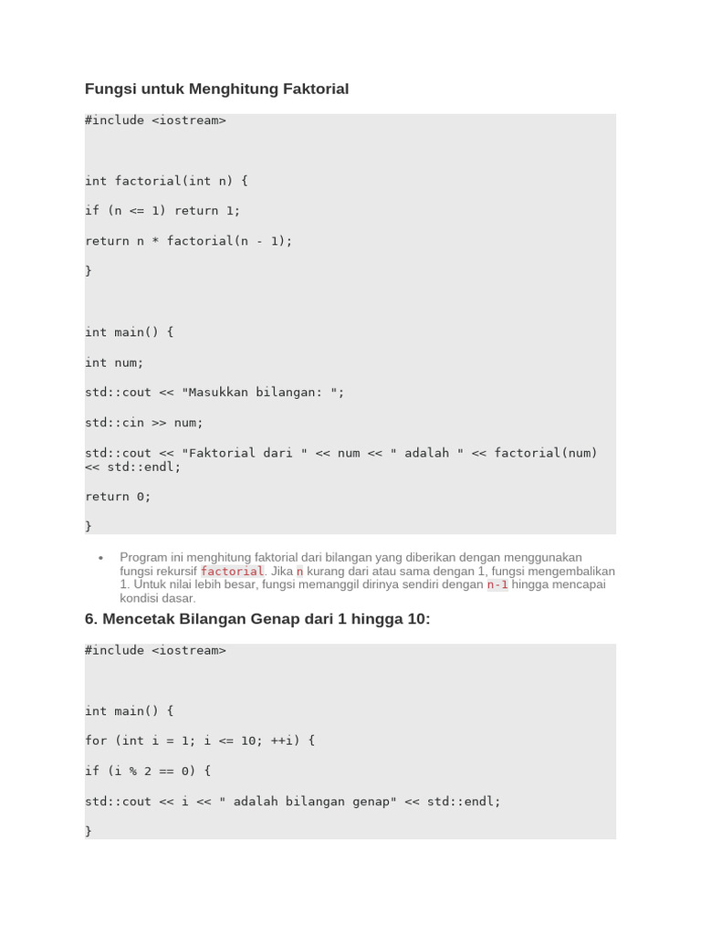 Contoh Program C++: Faktorial, Genap, Matriks, Array | PDF