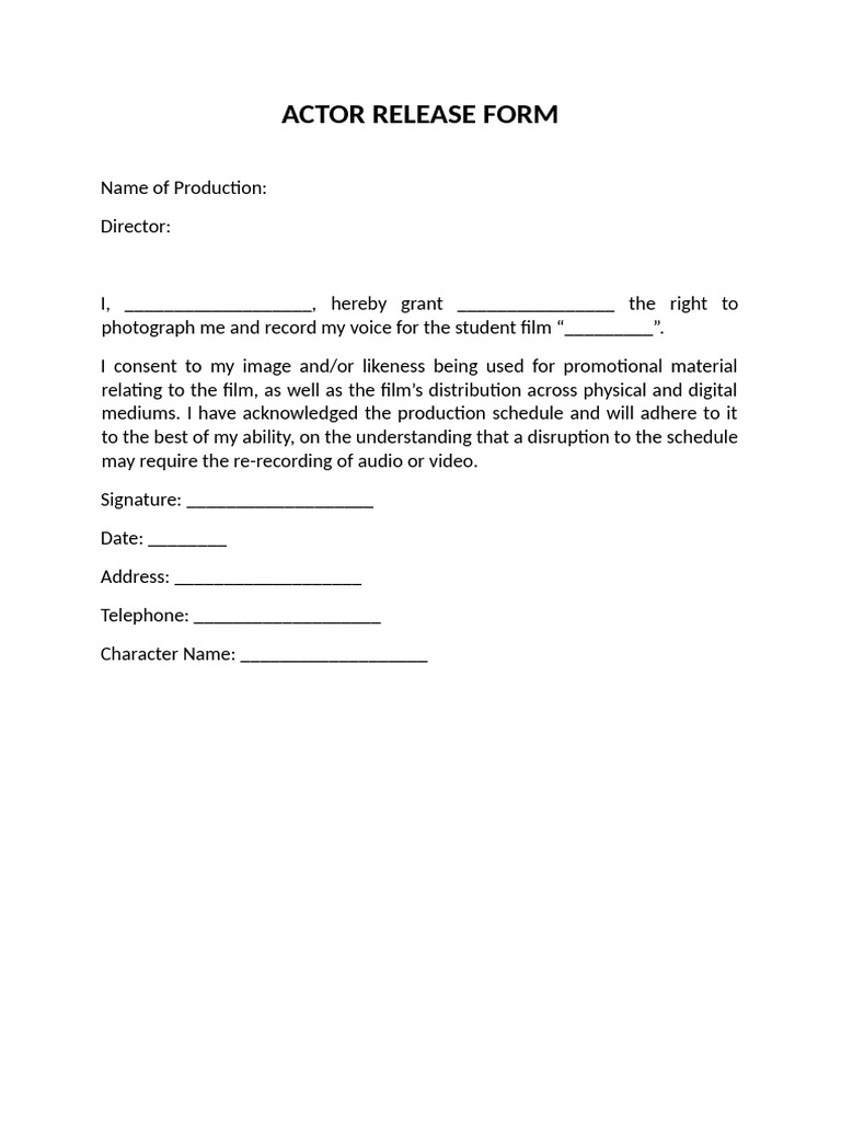 Actor Release Form Template | PDF