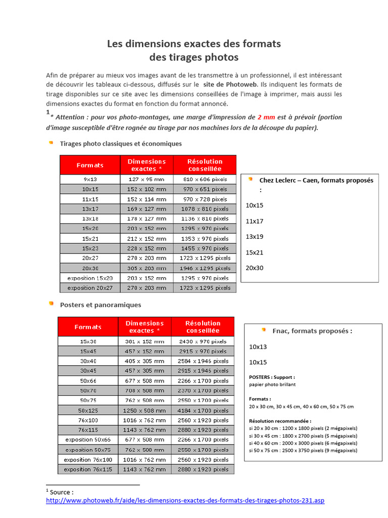 Formats et dimensions des tirages photo | PDF | Pixel | Photographie ...