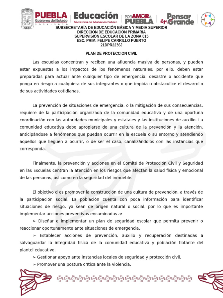 Plan de Protección Civil Escolar 2025 | PDF | Defensa Civil | Educación ...