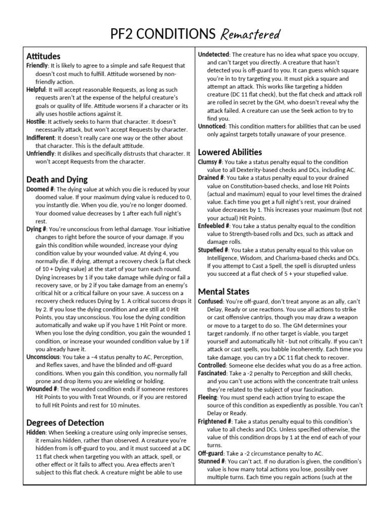 PF2 Conditions Overview Remastered | PDF | Senses | Perception