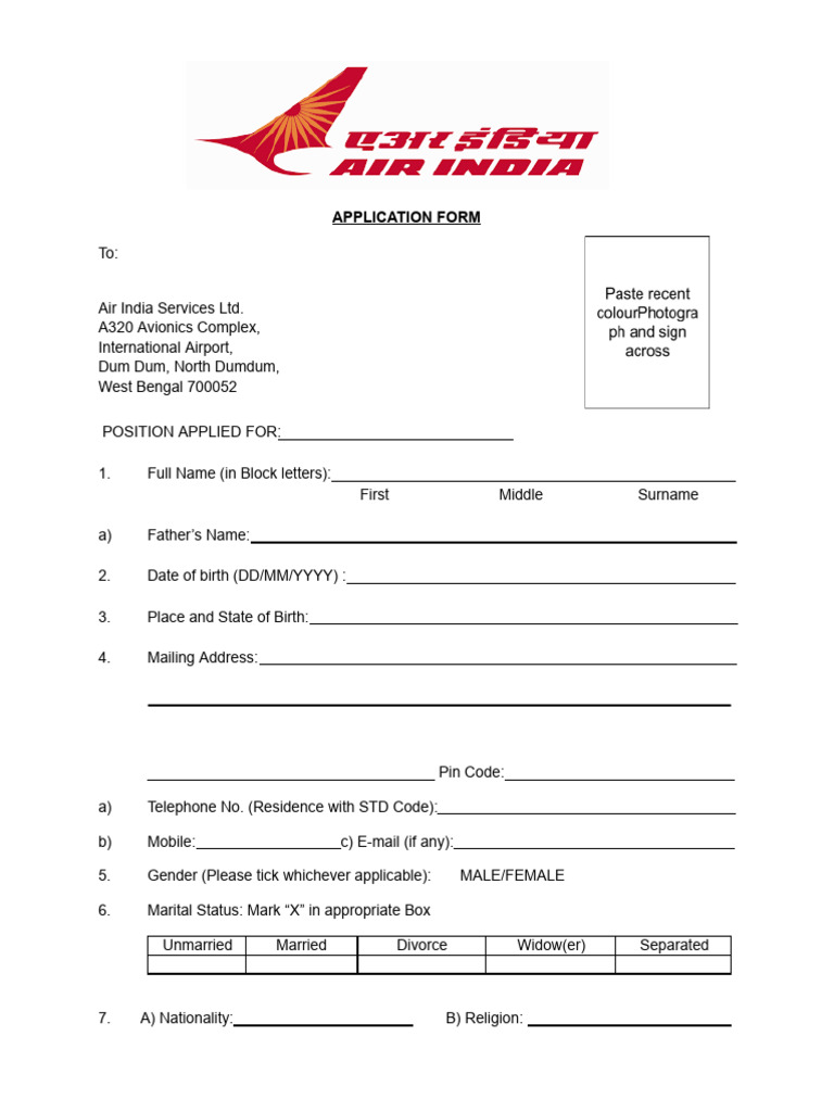Air India Application Form Details | PDF