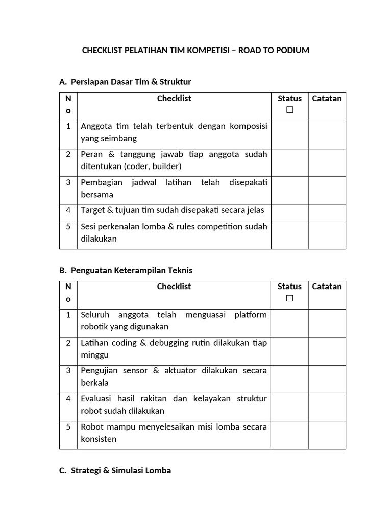 Checklist Persiapan Tim Kompetisi Robot | PDF