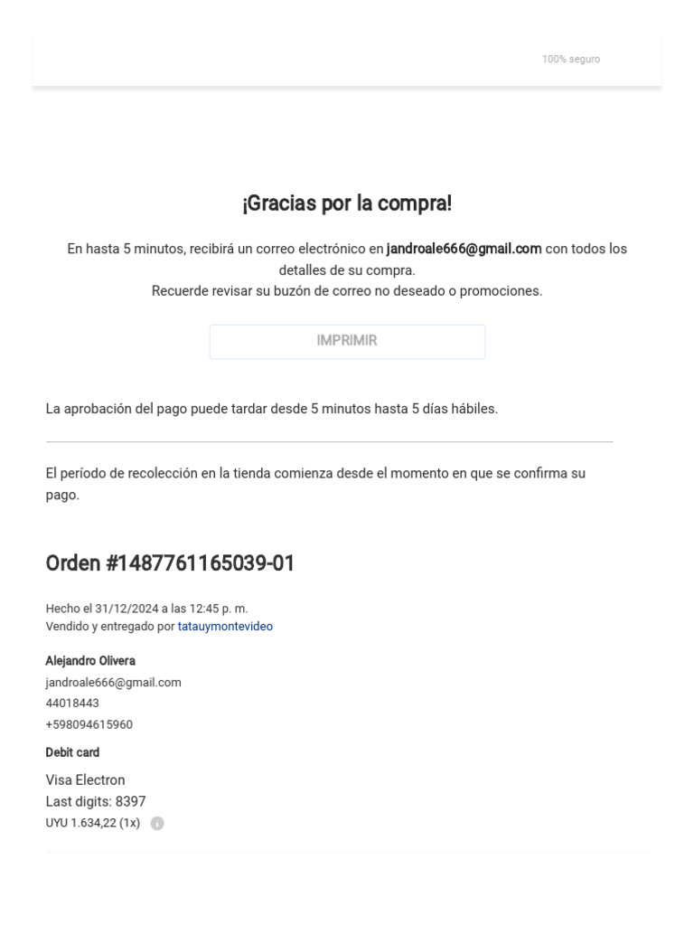 Confirmación de compra en TaTa Uruguay | PDF