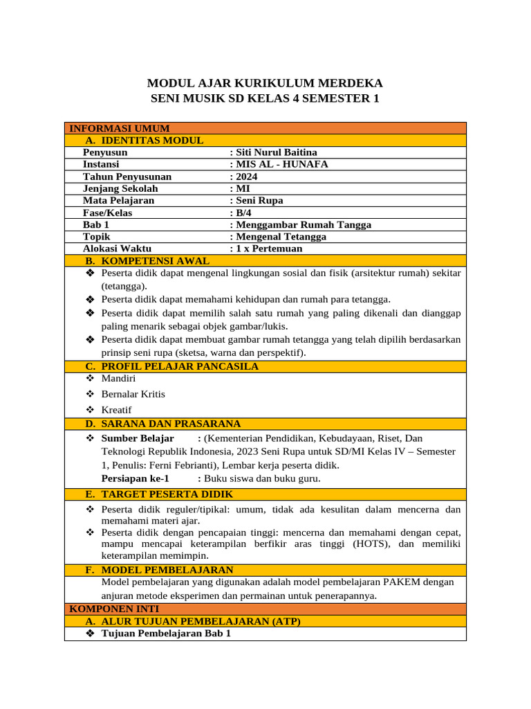 MODUL AJAR KURIKULUM MERDEKA SENI RUPA SD KELAS 4 SEMESTER 1 | PDF