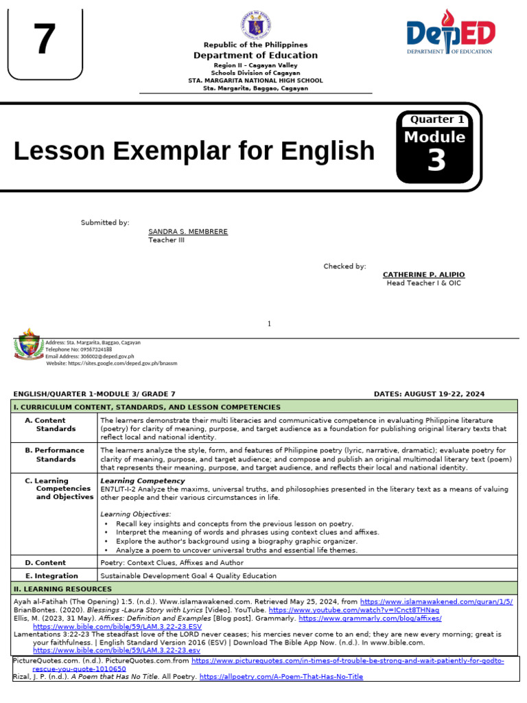 Grade 7 English Poetry Lesson Plan | PDF | Word | English Language