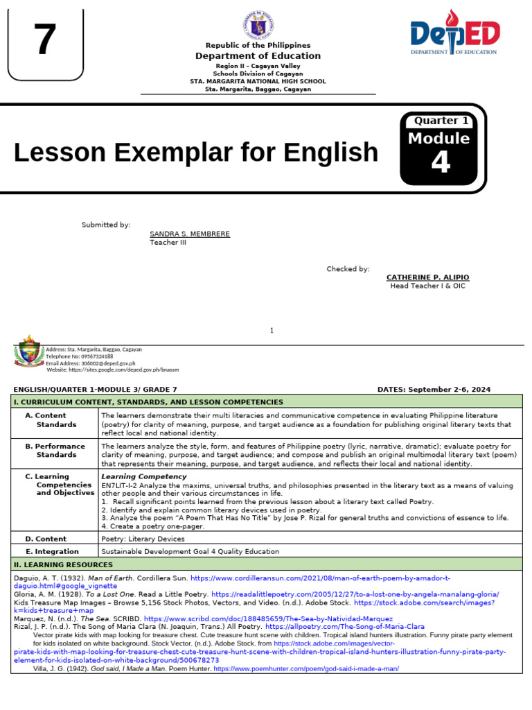 Grade 7 English Poetry Lesson Plan | PDF | Poetry