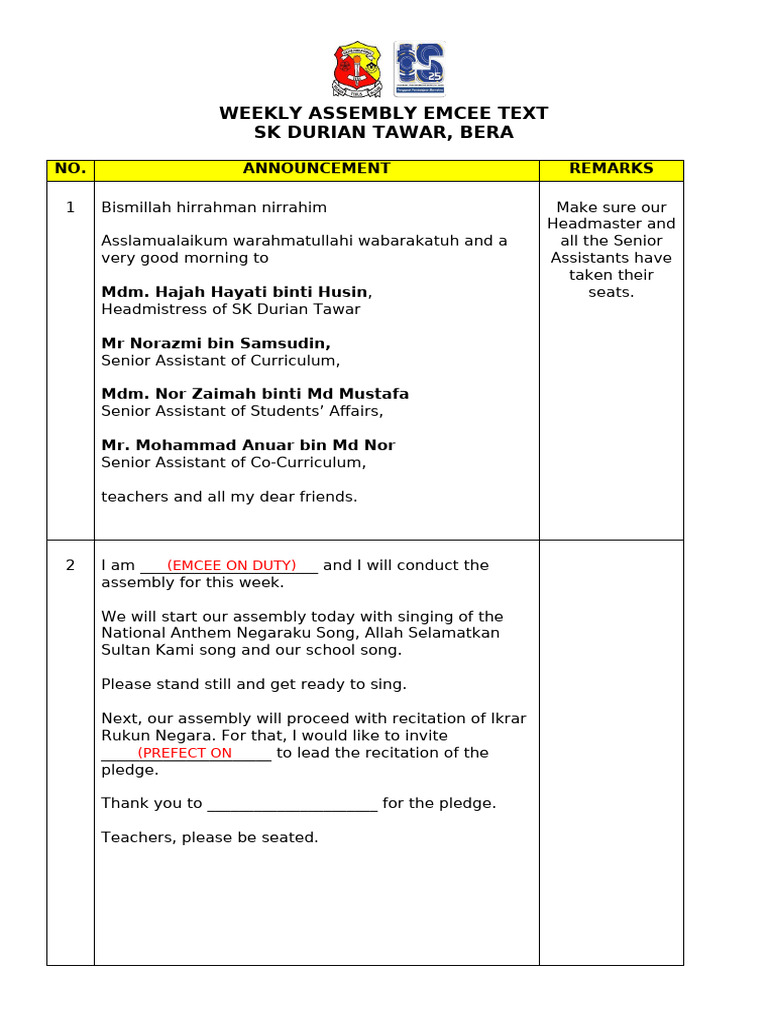 Weekly Assembly Emcee Script | PDF | Quran | Islam