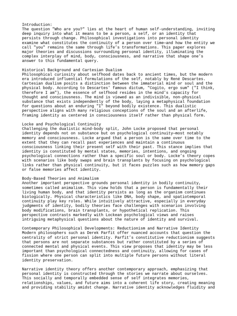 Exploring Theories of Personal Identity | PDF | Mind | Consciousness