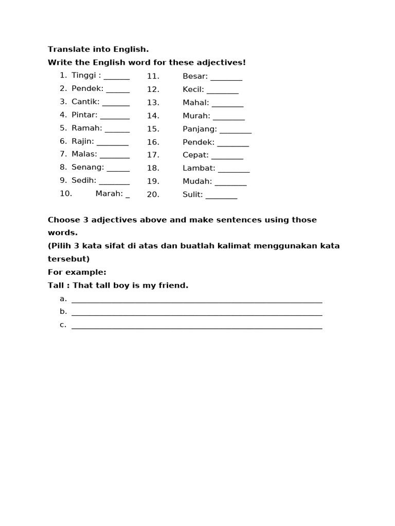 English Adjective Translation Exercise | PDF